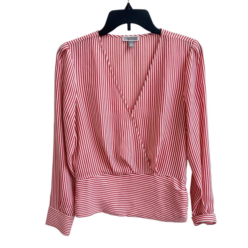 Chelsea28 Women's Blouse V Neck Faux Wrap Long Slv Top Red Stripe Office Sz S